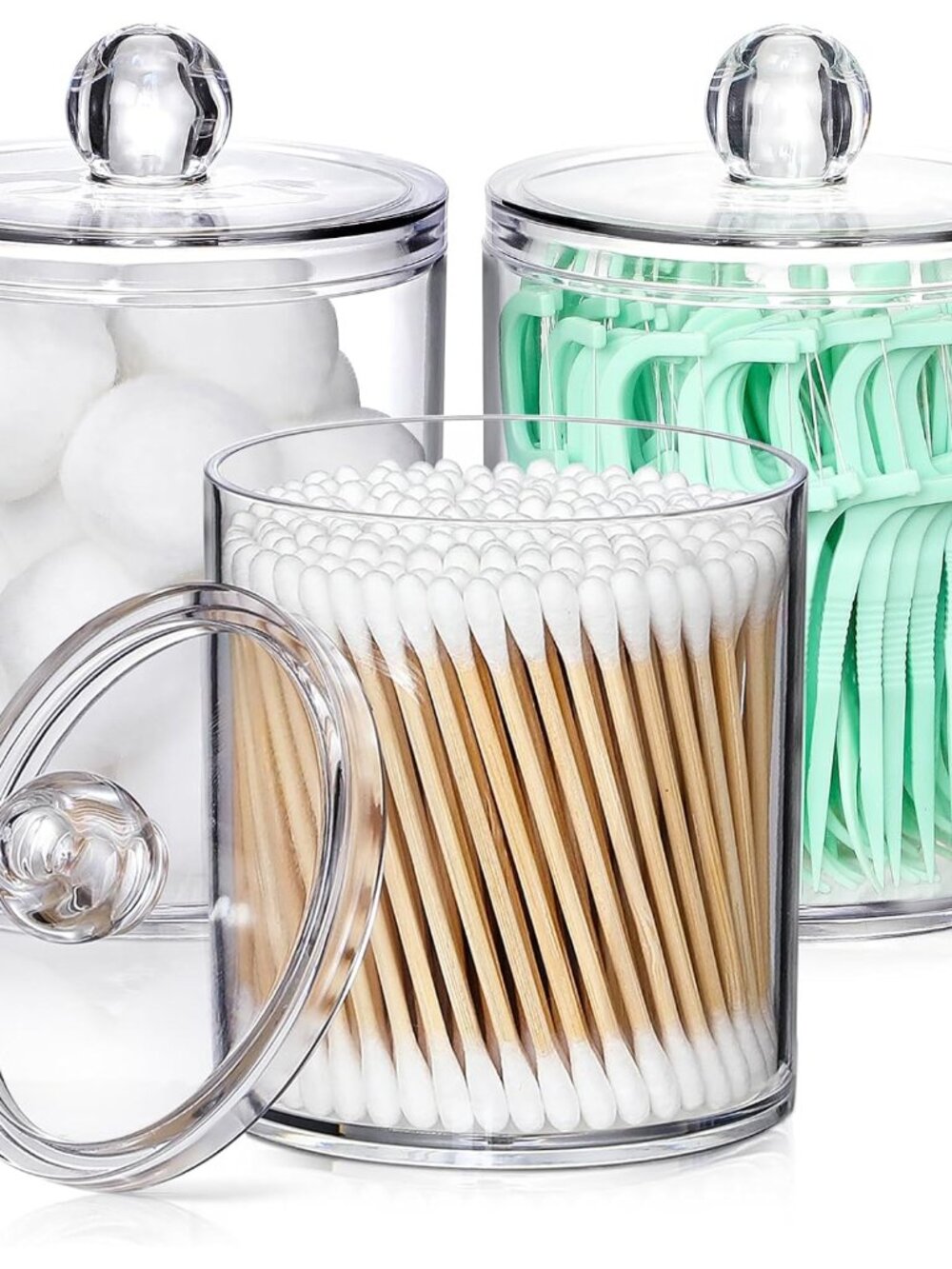 3 Pack Acrylic Qtip Holder Dispenser for Cotton Swabs, Balls, Floss Picks